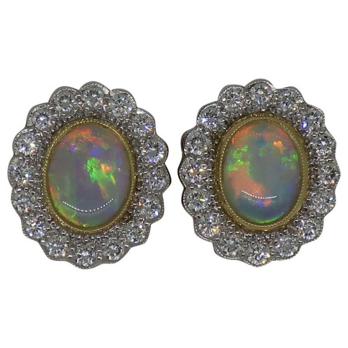 18ct Yellow & White Gold Oval Opal & Diamond Art Deco Style Cluster Earrings