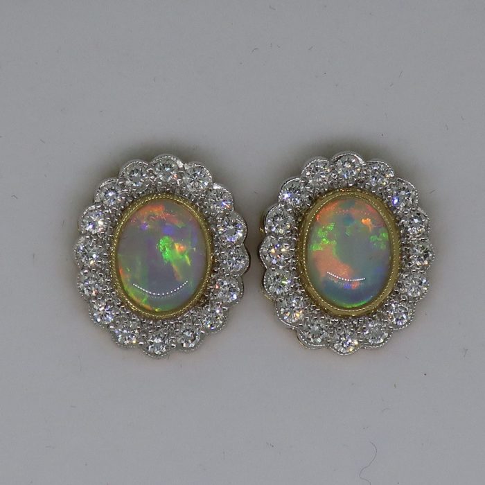 18ct Yellow & White Gold Oval Opal & Diamond Art Deco Style Cluster Earrings - Image 2