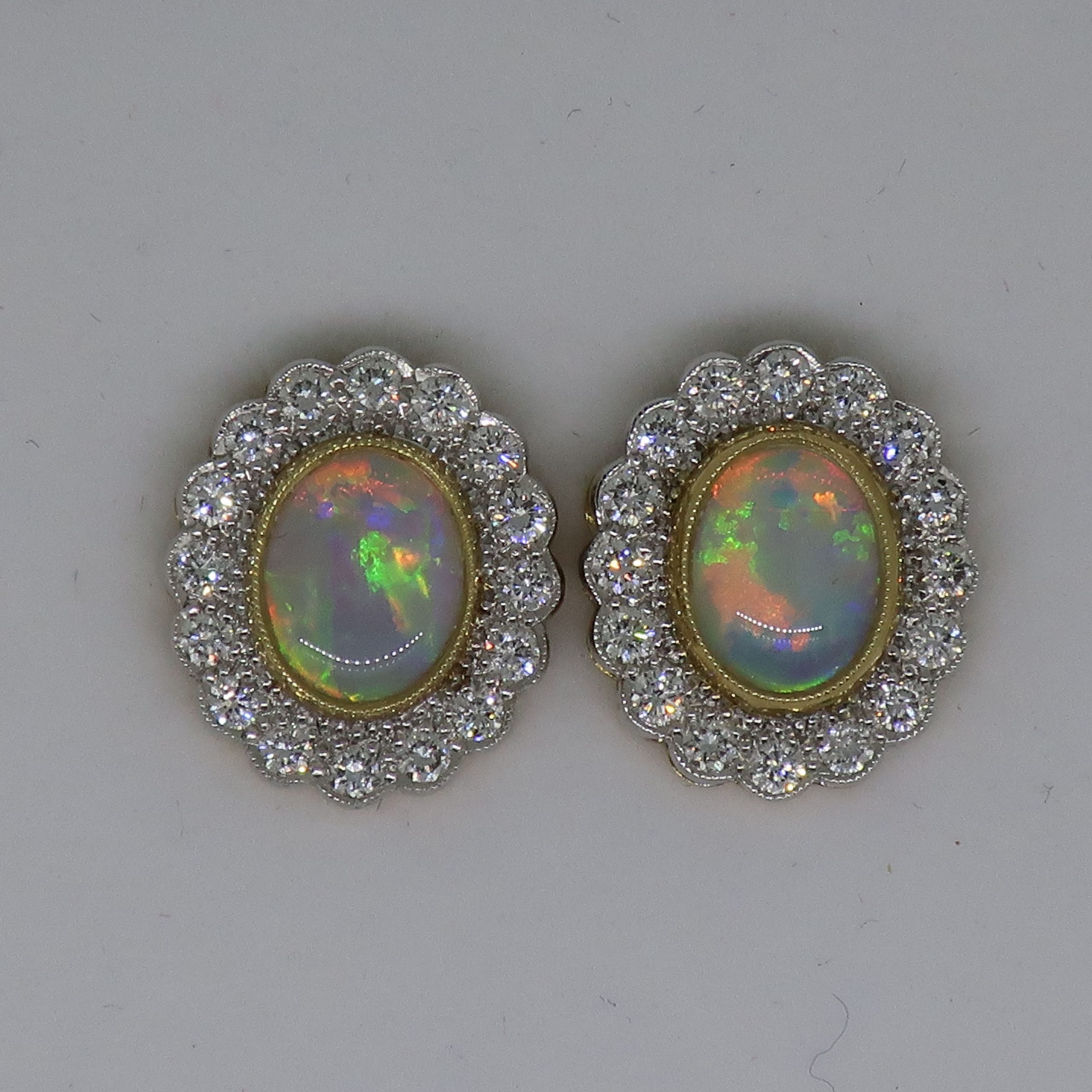 18ct Yellow & White Gold Oval Opal & Diamond Art Deco Style Cluster Earrings - Image 2