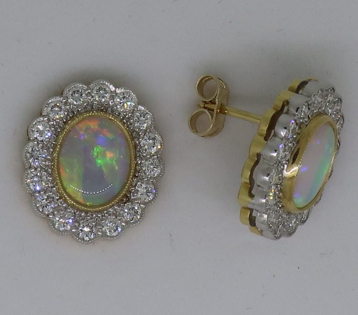 18ct Yellow & White Gold Oval Opal & Diamond Art Deco Style Cluster Earrings - Image 3
