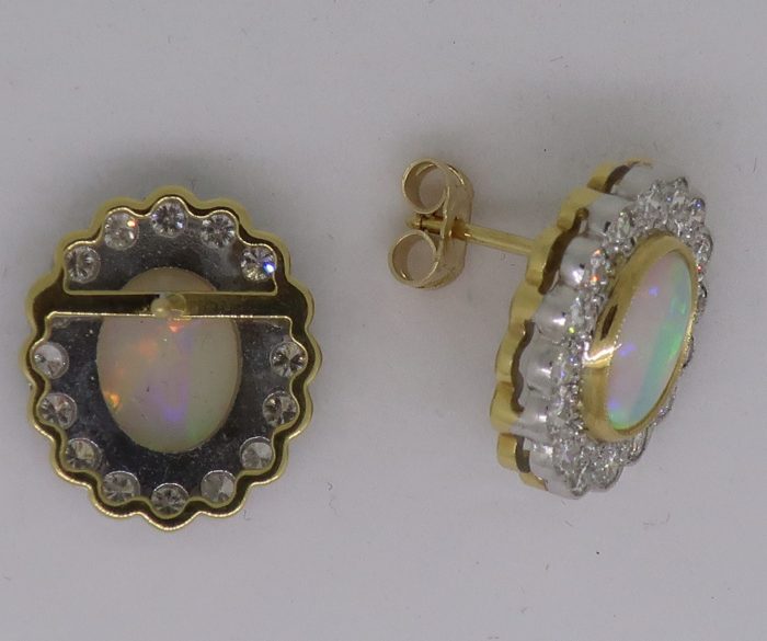 18ct Yellow & White Gold Oval Opal & Diamond Art Deco Style Cluster Earrings - Image 4