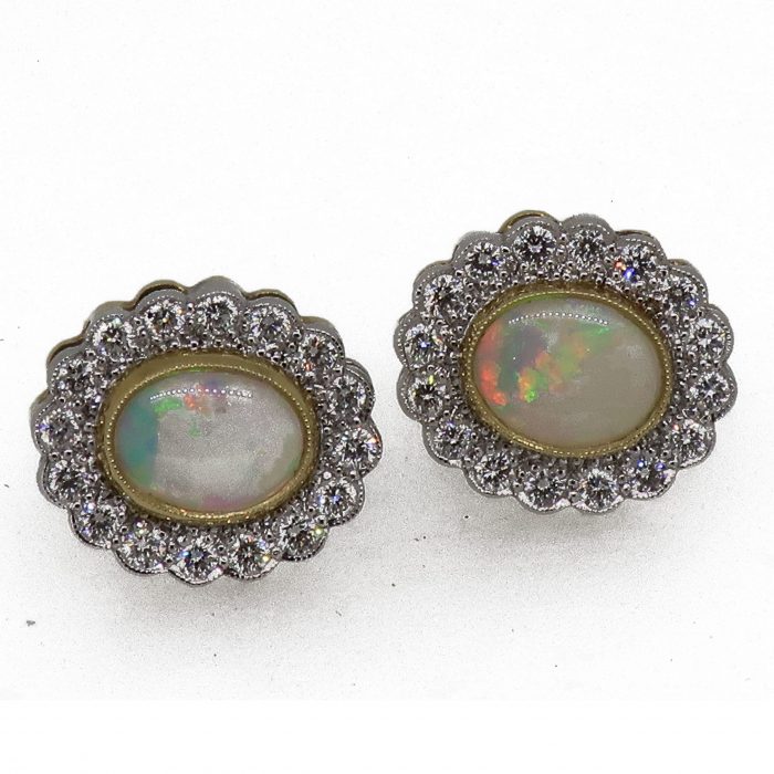 18ct Yellow & White Gold Oval Opal & Diamond Art Deco Style Cluster Earrings - Image 5