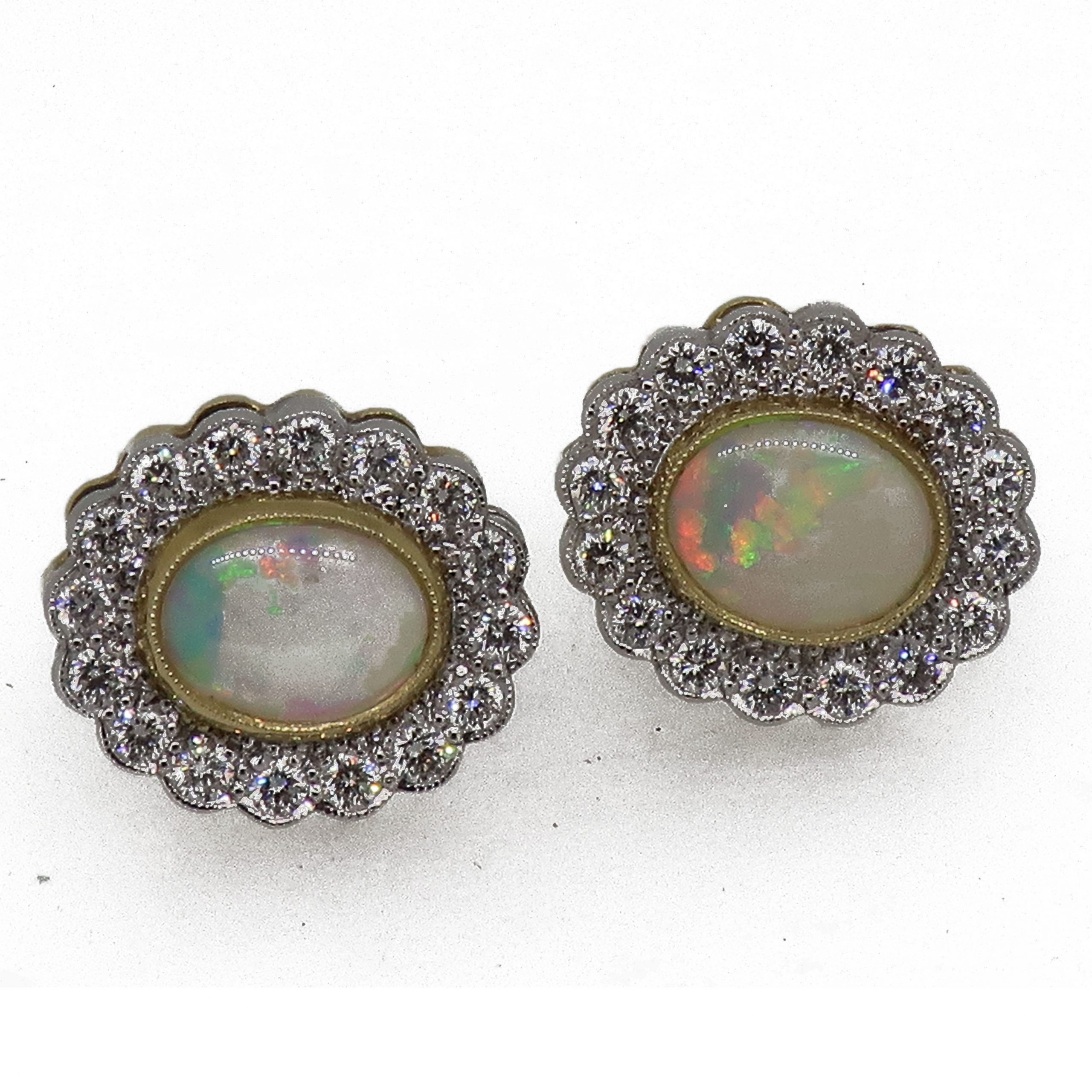 18ct Yellow & White Gold Oval Opal & Diamond Art Deco Style Cluster Earrings - Image 5