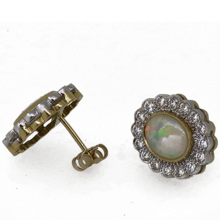 18ct Yellow & White Gold Oval Opal & Diamond Art Deco Style Cluster Earrings - Image 8