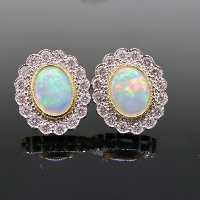 18ct Yellow & White Gold Oval Opal & Diamond Art Deco Style Cluster Earrings - Image 6