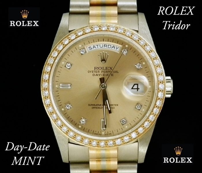 Mint virtually unworn rare 18ct Rolex Tridor Day-Date
