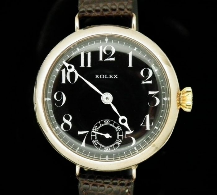 Super rare black dial Gold Rolex Trench watch 1923