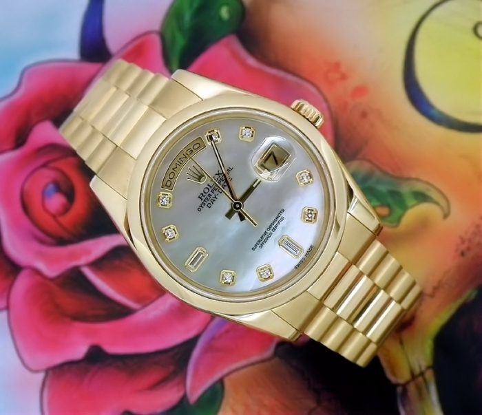 Mint 18ct gold MoP diamond Rolex Day-Date box & papers