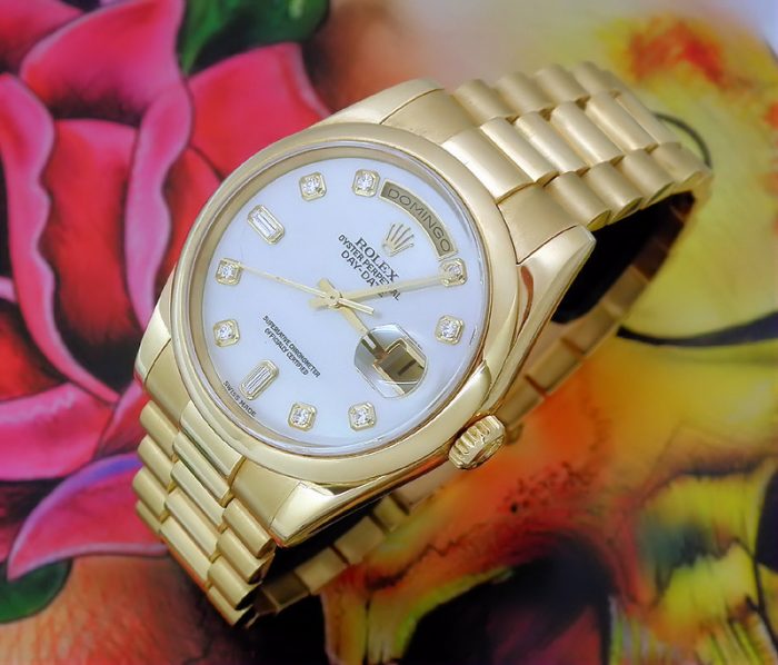 Mint 18ct gold MoP diamond Rolex Day-Date box & papers