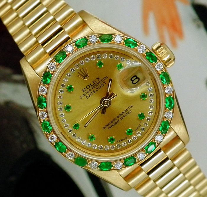 Ladies 18ct gold, diamond & emerald Rolex Datejust