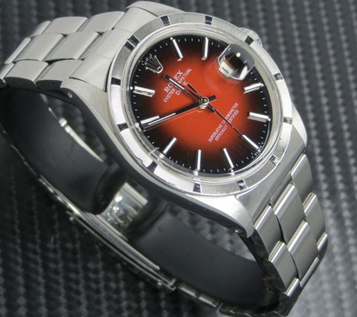 Gents Stainless Steel Rolex Oyster Perpetual Date with red two tone dial